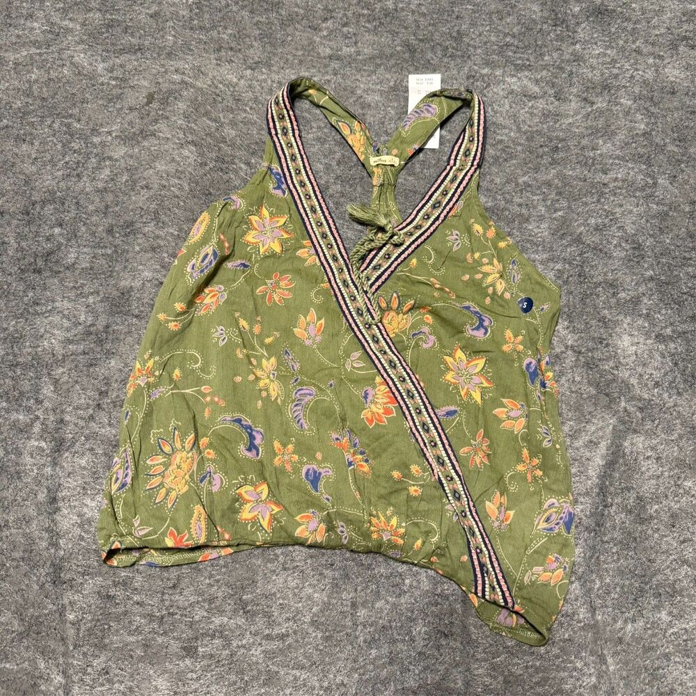 Hollister Womens Boho Top Size S Green Floral Twist Front Pullover